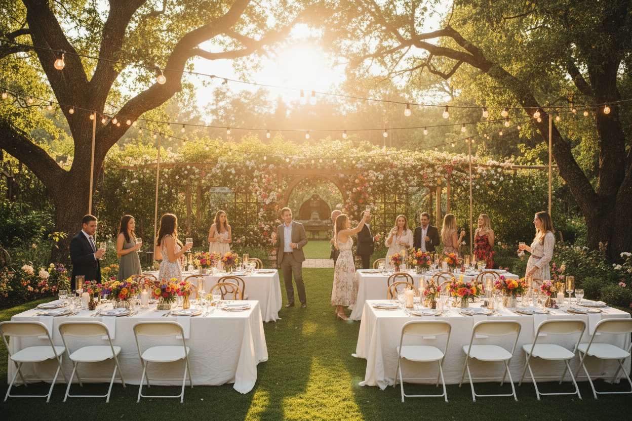 Outdoor Party Scene - No Balloons, White Plastic Chairs